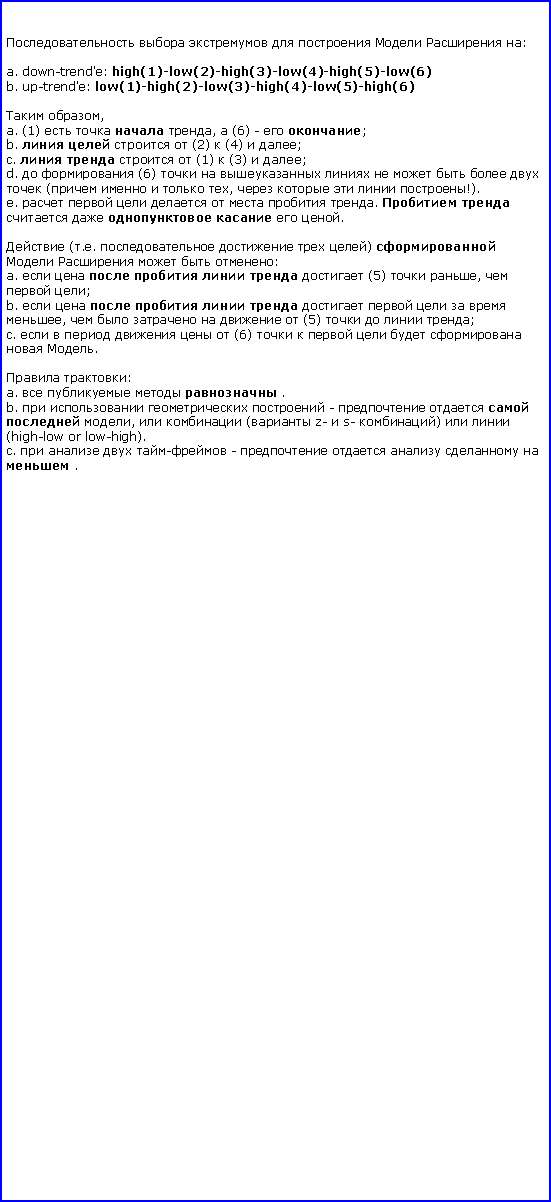 :        : 

a. down-trend'e: high(1)-low(2)-high(3)-low(4)-high(5)-low(6) 
b. up-trend'e: low(1)-high(2)-low(3)-high(4)-low(5)-high(6) 

 , 
a. (1)    ,  (6) -  ; 
b.     (2)  (4)  ; 
c.     (1)  (3)  ; 
d.   (6)           (    ,     !). 
e.        .        . 

 (..    )      : 
a.        (5)  ,   ; 
b.            ,       (5)    ; 
c.       (6)        . 

 : 
a.     . 
b.     -     ,   ( z-  s- )   (high-low or low-high). 
c.    - -       .