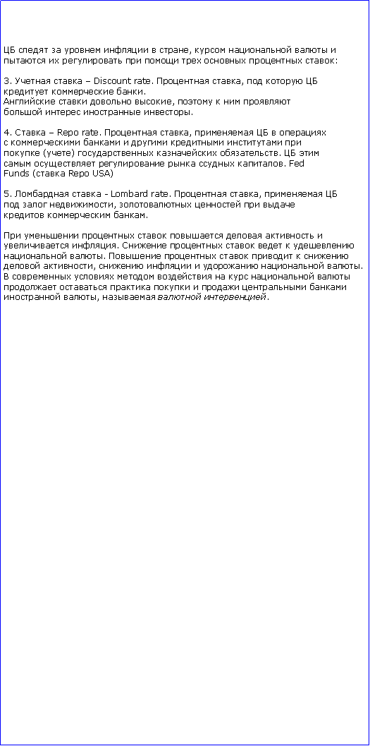 :       ,             :3.    Discount rate.  ,     .   ,       .4.   Repo rate.  ,            ()   .       . FedFunds ( Repo USA)5.   - Lombard rate.  ,    ,      .        .       .       ,      .                ,   .