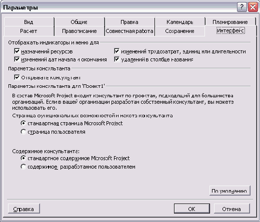 Параметры настройки интерфейса MS Project