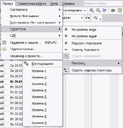 Меню для структурной фильтрации списка задач проекта