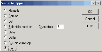 Диалоговое окно Define Variable Type (для строковой переменной).