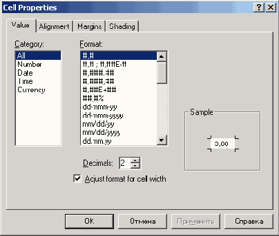 Диалоговое окно Cell Properties (Свойства ячейки)