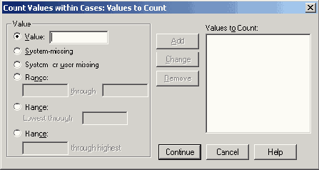 Диалоговое окно Count Values within Cases:values to Count