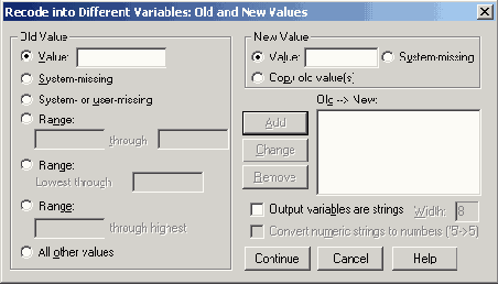 Диалоговое окно Recede into Different Variables: Old and New Values