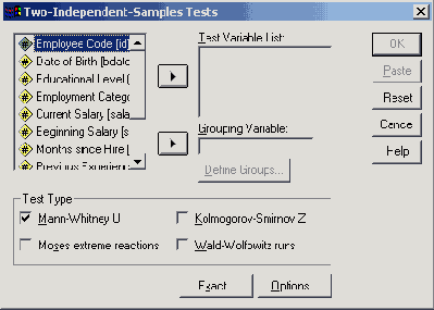 Диалоговое окно Two Independent Samples Tests (Тесты для двух независимых выборок)