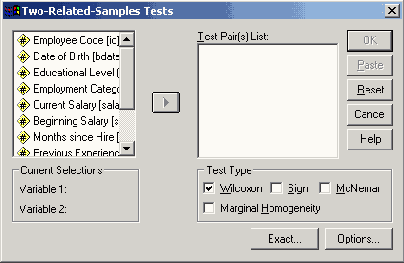 Диалоговое окно Two-Related-Samples Tests (Тесты для двух связанных выборок)