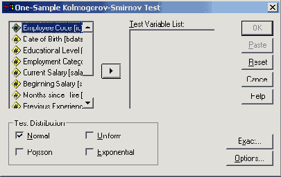 Диалоговое окно One Sample Kolomgorov-Smirnov Test (Тест Колмогорова-Смирнова для одной выборки)
