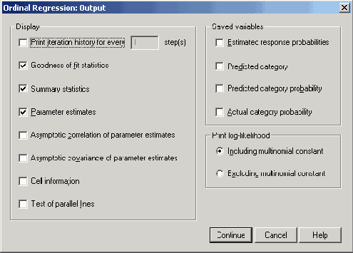 Диалоговое окно Ordinal Regression: Output (Порядковая регрессия: Вывод)