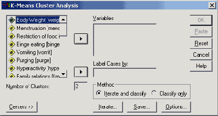 Диалоговое окно K-Means Cluster Analysis (Анализ кластерных центров)