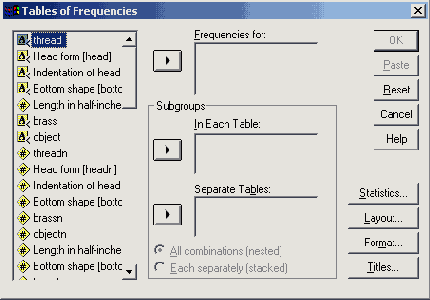 Диалоговое окно Tables of Frequencies (Таблицы частот)