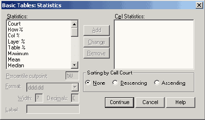 Диалоговое окно Basic Tables: Statistics (Основные таблицы: Статистики)