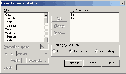 Диалоговое окно Basic Tables: Statistics (Основные таблицы: Статистики)